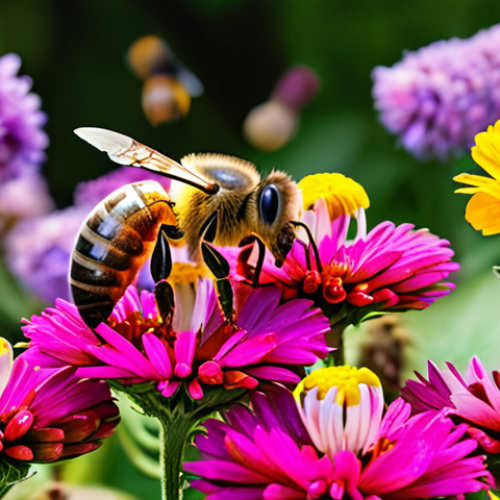 Home 7 **Image of Bees Pollinating Flowers**: Create an illustration showing honeybees actively pollinating a variety of colorful flowers in a vibrant garden setting. Emphasize the importance of bees in plant reproduction and the overall ecosystem.