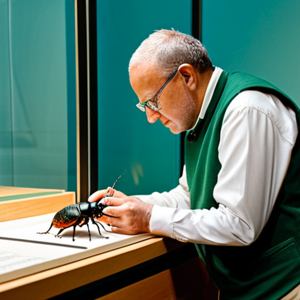 **
"A professional entomologist, fully clothed in appropriate field attire, examining a beetle (Coleoptera) specimen in a natural history museum. Safe for work, appropriate content, modest, perfect anatomy, natural proportions, well-lit, educational setting, family-friendly."
**