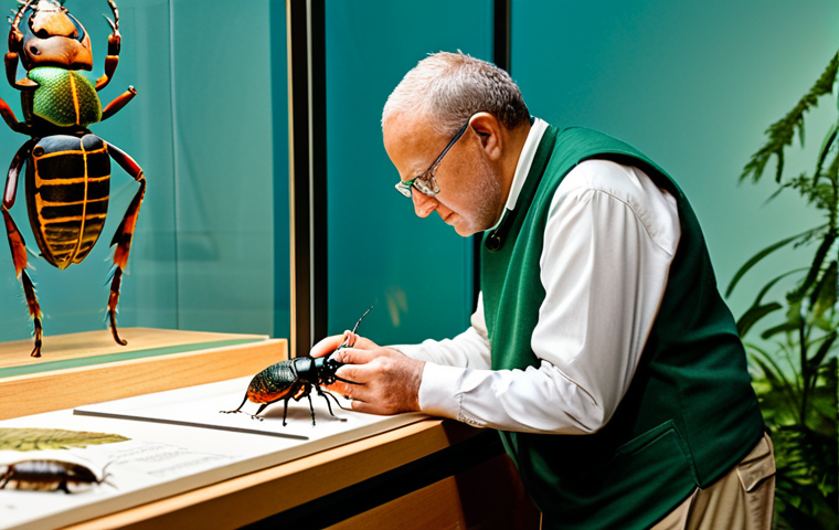 **
"A professional entomologist, fully clothed in appropriate field attire, examining a beetle (Coleoptera) specimen in a natural history museum. Safe for work, appropriate content, modest, perfect anatomy, natural proportions, well-lit, educational setting, family-friendly."
**