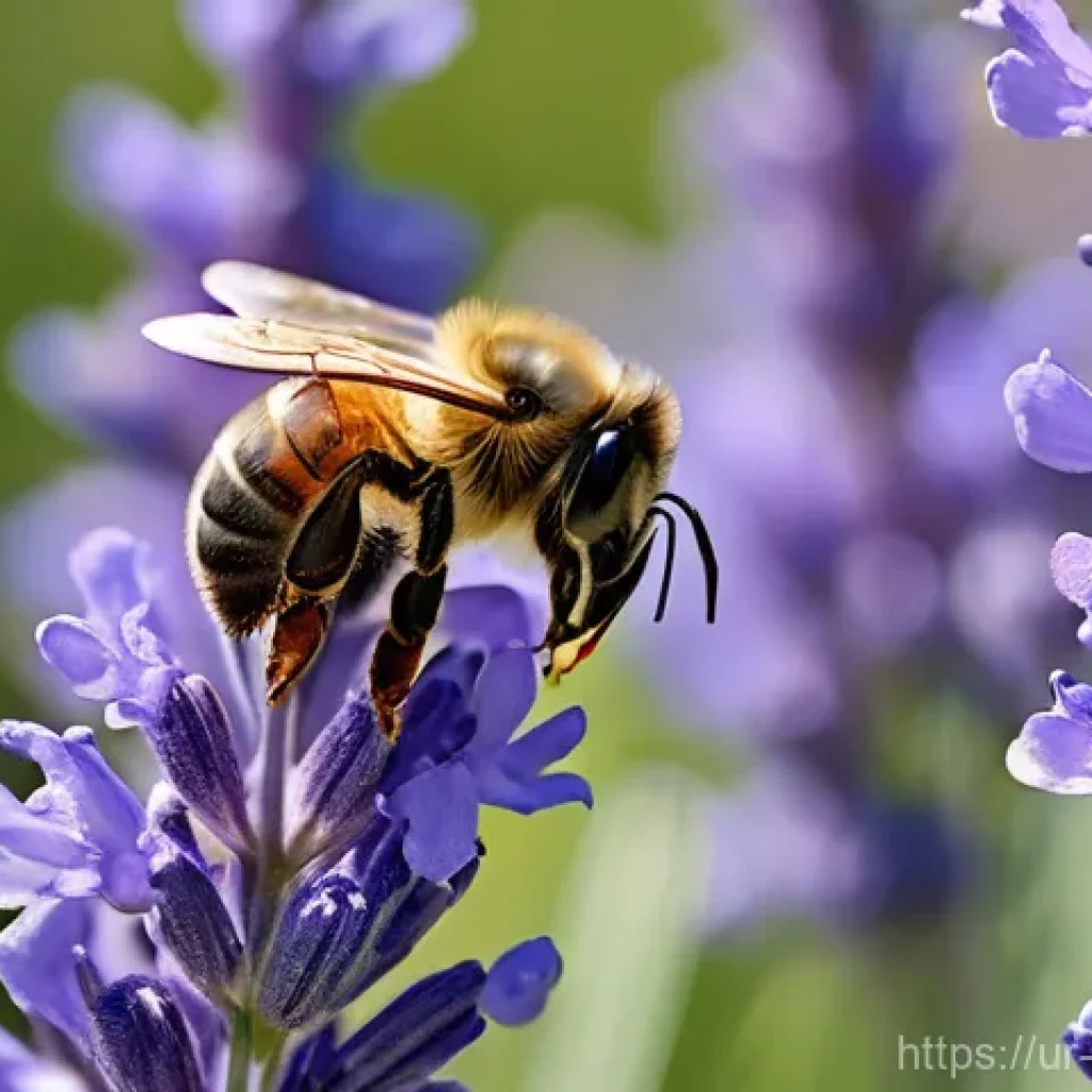 곤충과 수분 작용 사례 - **Prompt 1: Honeybee in a Bountiful Lavender Field**
    A close-up, macro photograph of a plump, fu...