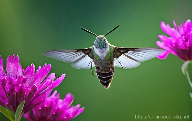 곤충의 비행 원리 분석 - **Prompt 1: Intricate Flight of a Hummingbird Hawk-Moth**
"A hyper-realistic, macro photograph o...