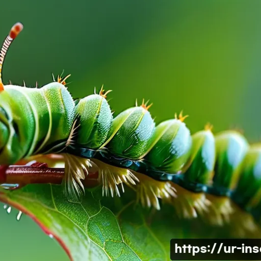 곤충 먹이 종류 - **Prompt:** A serene, highly detailed close-up shot of a vibrant green caterpillar gently munching o...