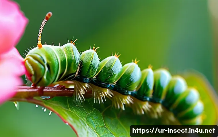 곤충 먹이 종류 - **Prompt:** A serene, highly detailed close-up shot of a vibrant green caterpillar gently munching o...