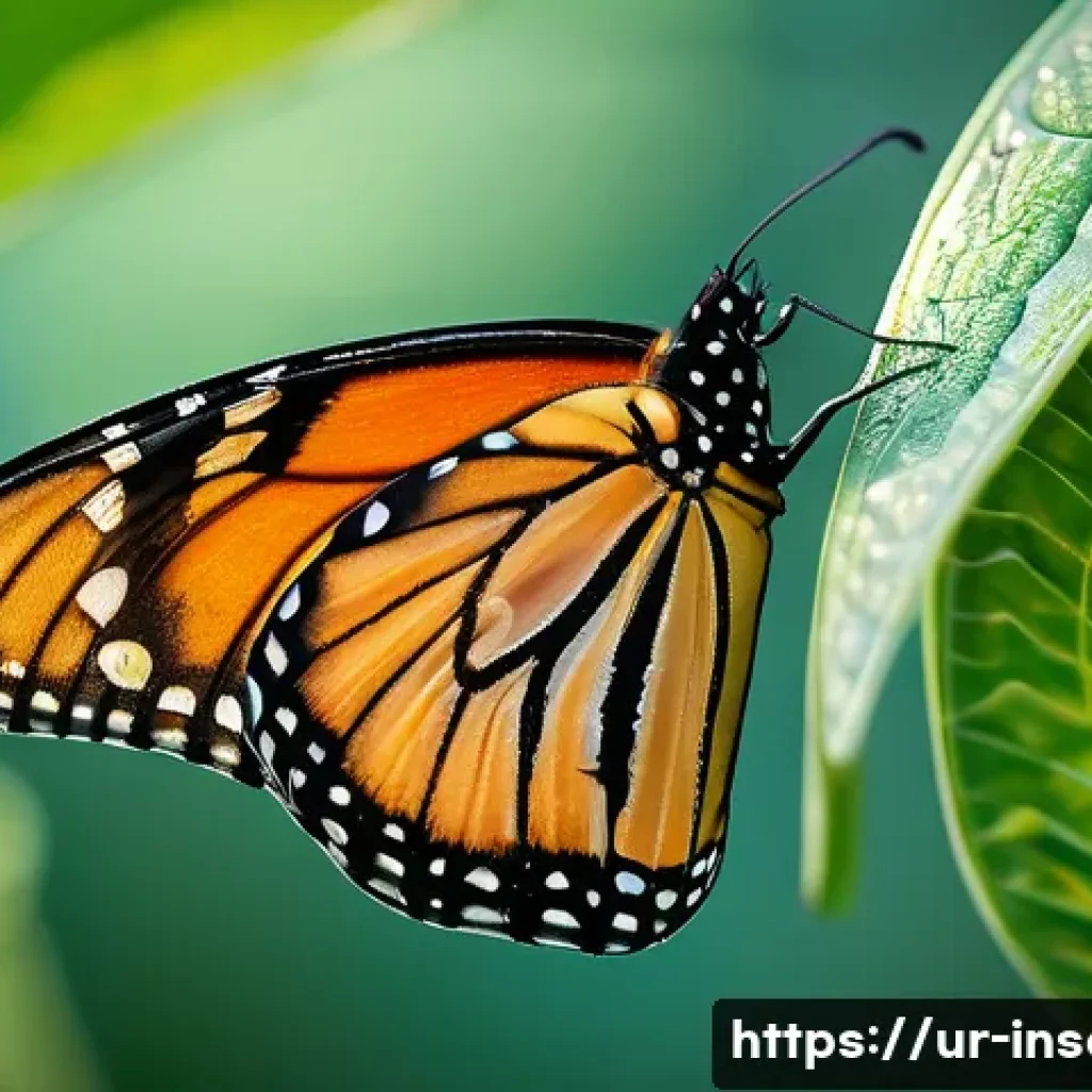 나비 종류 및 분포 - **"A breathtaking close-up of a monarch butterfly emerging from its chrysalis, wings still damp and ...