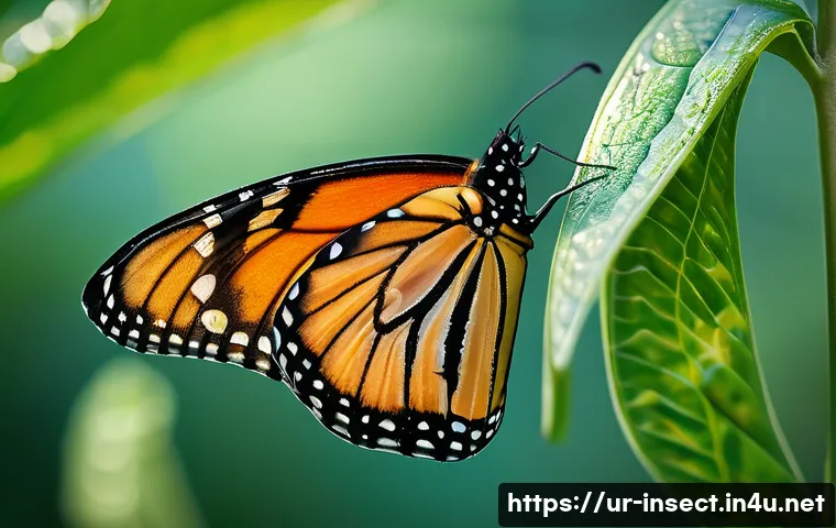 나비 종류 및 분포 - **"A breathtaking close-up of a monarch butterfly emerging from its chrysalis, wings still damp and ...