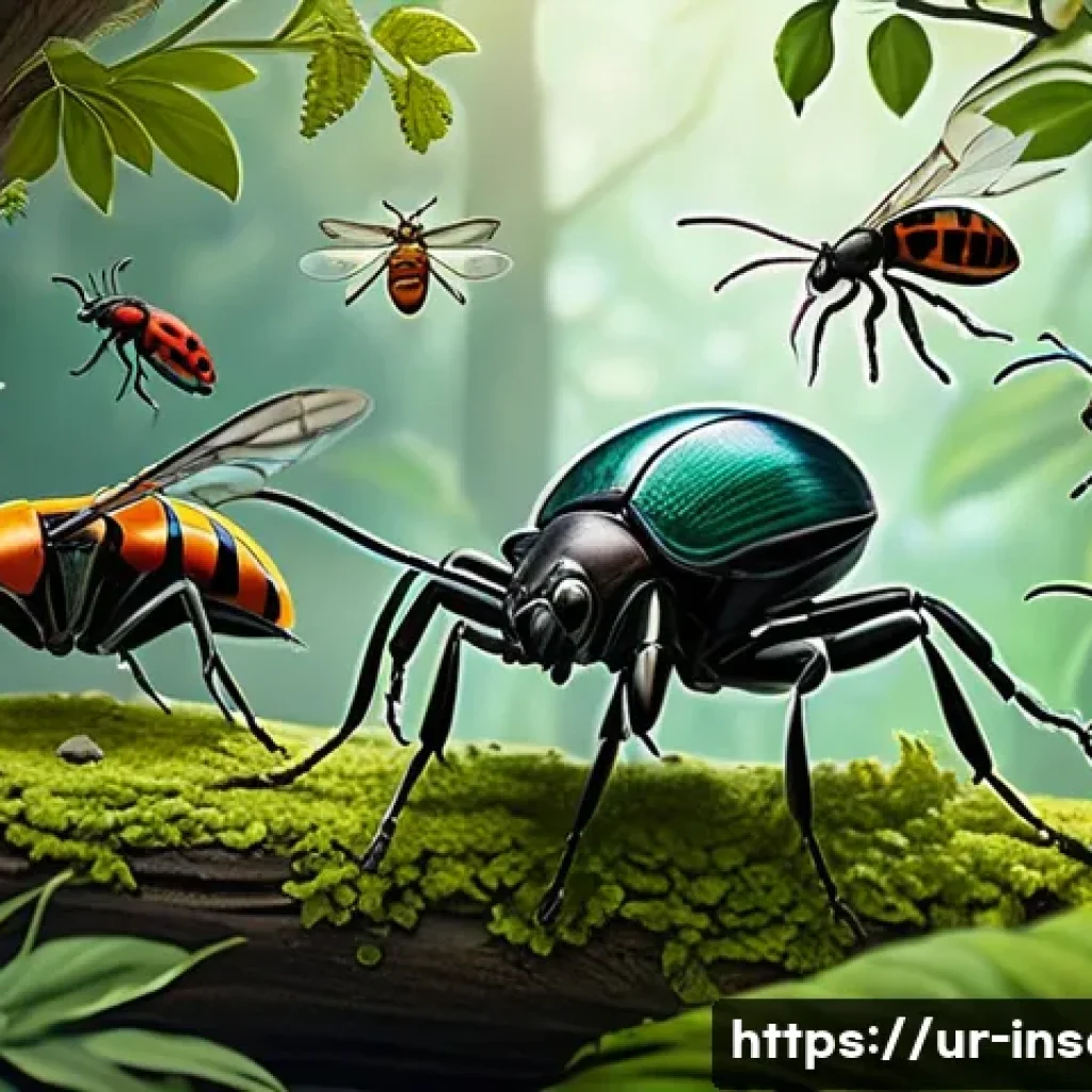 곤충 독 특징 및 활용법 - A detailed scientific illustration of a diverse group of insects including beetles and flies, each d...