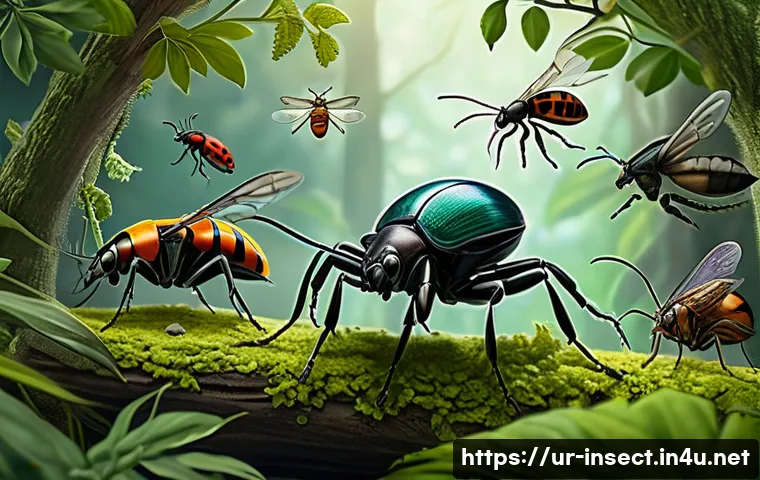 곤충 독 특징 및 활용법 - A detailed scientific illustration of a diverse group of insects including beetles and flies, each d...