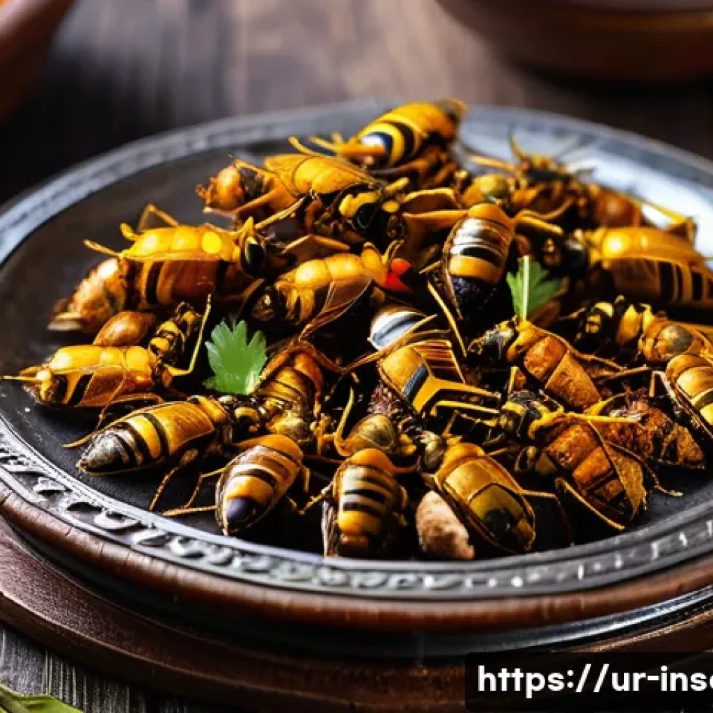 곤충을 활용한 요리 레시피 - A vibrant, detailed close-up of spiced roasted bees (bhunra) served on a traditional ornate wooden p...
