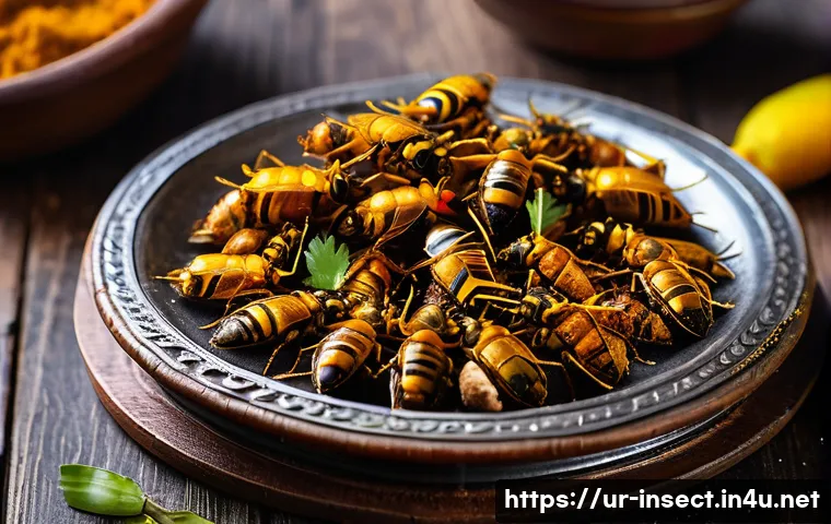 곤충을 활용한 요리 레시피 - A vibrant, detailed close-up of spiced roasted bees (bhunra) served on a traditional ornate wooden p...