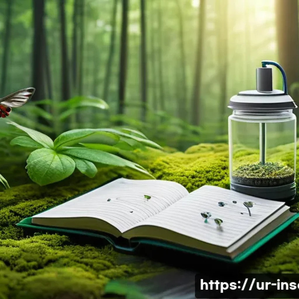사슴벌레 채집 도구 - A detailed scene of an entomologist's field setup in a lush green forest during daylight, featuring ...
