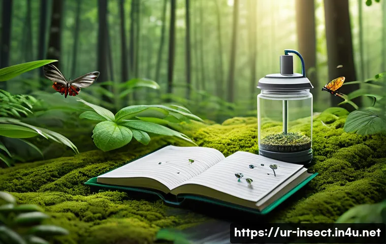 사슴벌레 채집 도구 - A detailed scene of an entomologist's field setup in a lush green forest during daylight, featuring ...