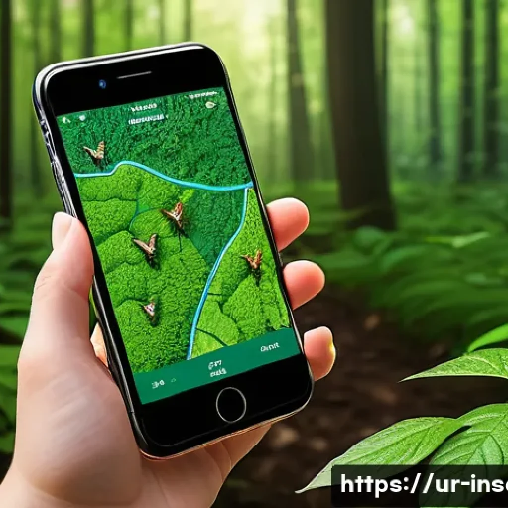 곤충 채집 지도 앱 - A detailed digital illustration of a nature enthusiast using a mobile app to identify insects in a l...