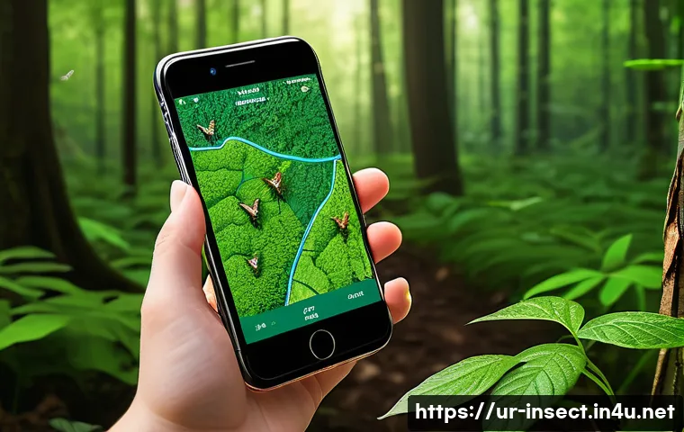 곤충 채집 지도 앱 - A detailed digital illustration of a nature enthusiast using a mobile app to identify insects in a l...