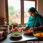 Home 22 곤충 식용 제품 브랜드 - A vibrant, culturally rich kitchen scene in a traditional Pakistani home, featuring a middle-aged wo...