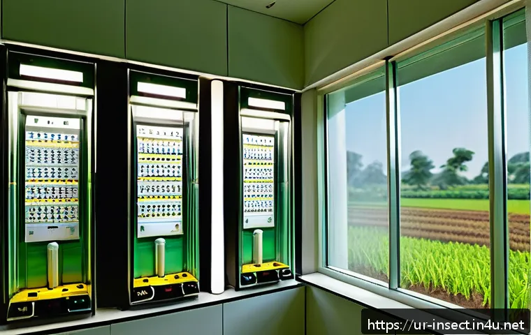곤충 사육 온습도 관리 - A modern insect breeding farm interior focused on temperature and humidity control, showing a digita...