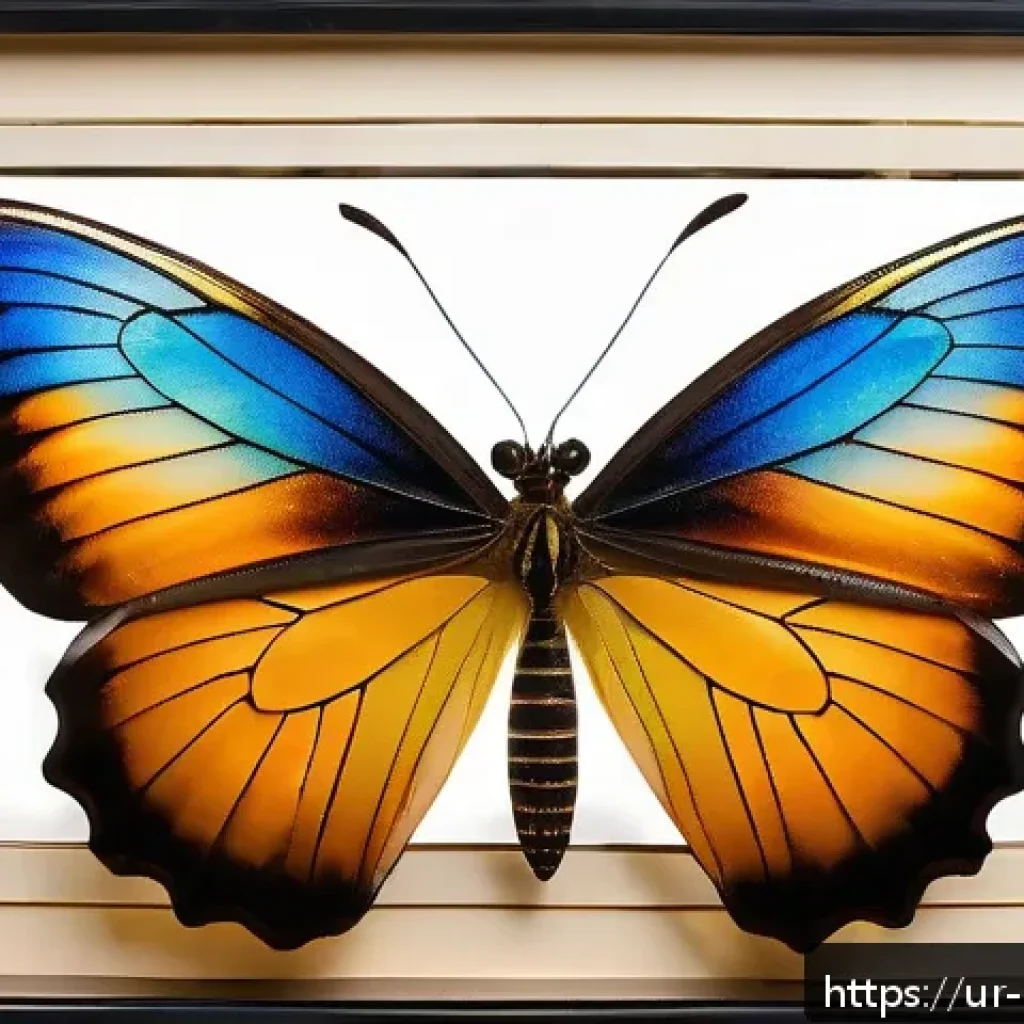 곤충 관련 공예품 만들기 - A stunning natural art piece showcasing vibrant butterfly wings arranged elegantly within a glass fr...