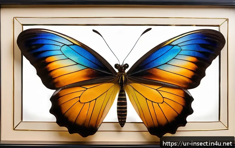 곤충 관련 공예품 만들기 - A stunning natural art piece showcasing vibrant butterfly wings arranged elegantly within a glass fr...