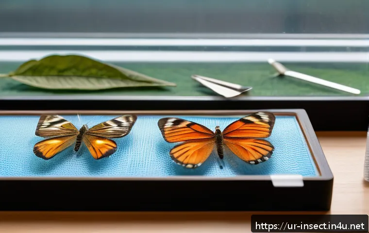 곤충 표본 제작 팁 - A detailed close-up of an entomologist’s workspace in a well-lit, organized room tailored for insect...