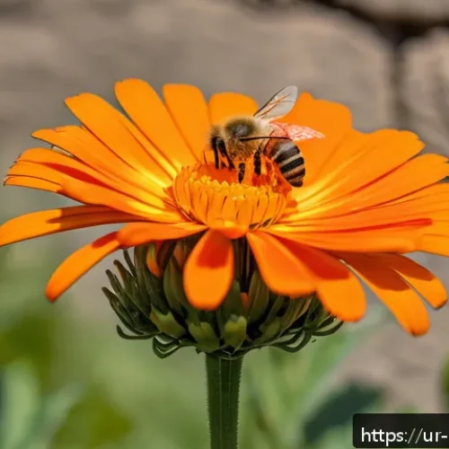 Home 30 곤충 생태학 관련 대학 및 연구소 - A vibrant close-up scene of a honeybee pollinating a bright orange marigold flower in a lush Pakista...