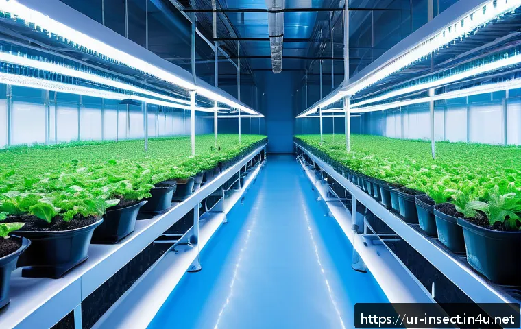 곤충 사료 시장 동향 - A highly detailed indoor insect farming facility designed with modern technology, featuring rows of ...