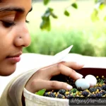 곤충 알 채집 기술 - Photorealistic macro documentary scene of a Pakistani entomology student carefully collecting tiny i...