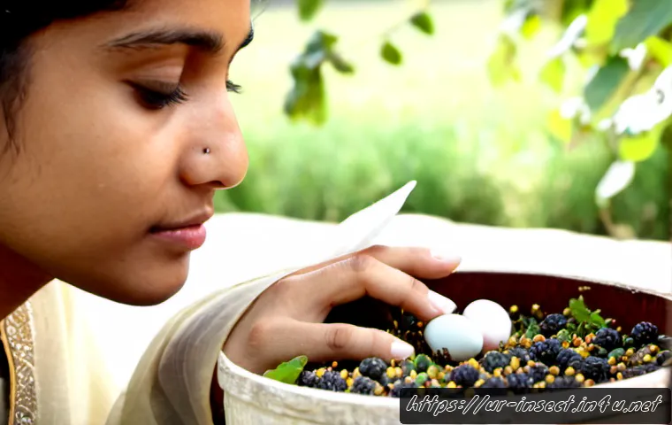곤충 알 채집 기술 - Photorealistic macro documentary scene of a Pakistani entomology student carefully collecting tiny i...