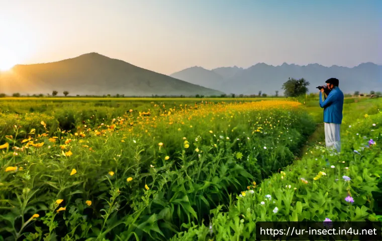 Home 17 곤충의 이동 패턴 연구 - Photorealistic wildlife research scene in a Pakistani agricultural field at dawn, a small monarch-li...
