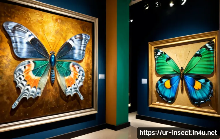 Home 17 곤충을 주제로 한 예술 작품 - Photorealistic fine-art gallery scene in Lahore, a large framed mixed-media artwork inspired by a je...